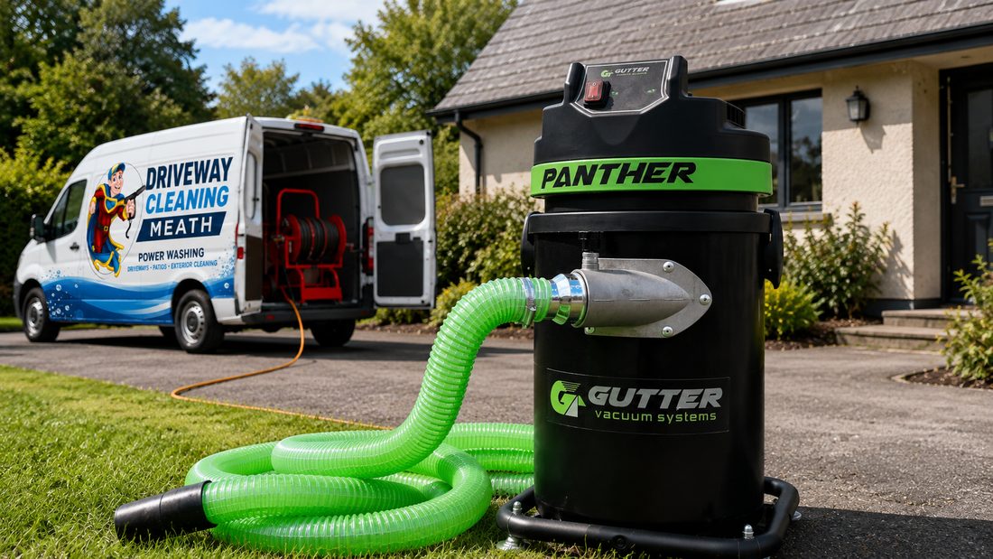 The Driveway Cleaning Meath gutter-vacuum system on a Meath driveway, beside the branded van