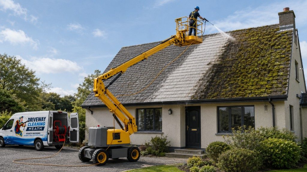 Softwashing a moss-covered roof in County Meath — low-pressure, eco-friendly cleaning