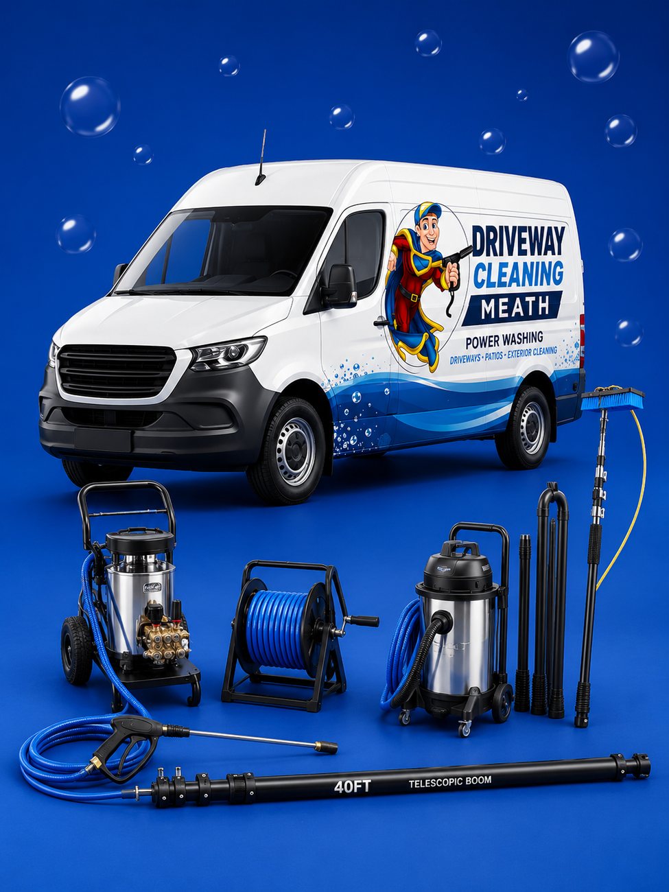 The Driveway Cleaning Meath van with its full power-washing kit — pressure washers, gutter vacuum and telescopic poles